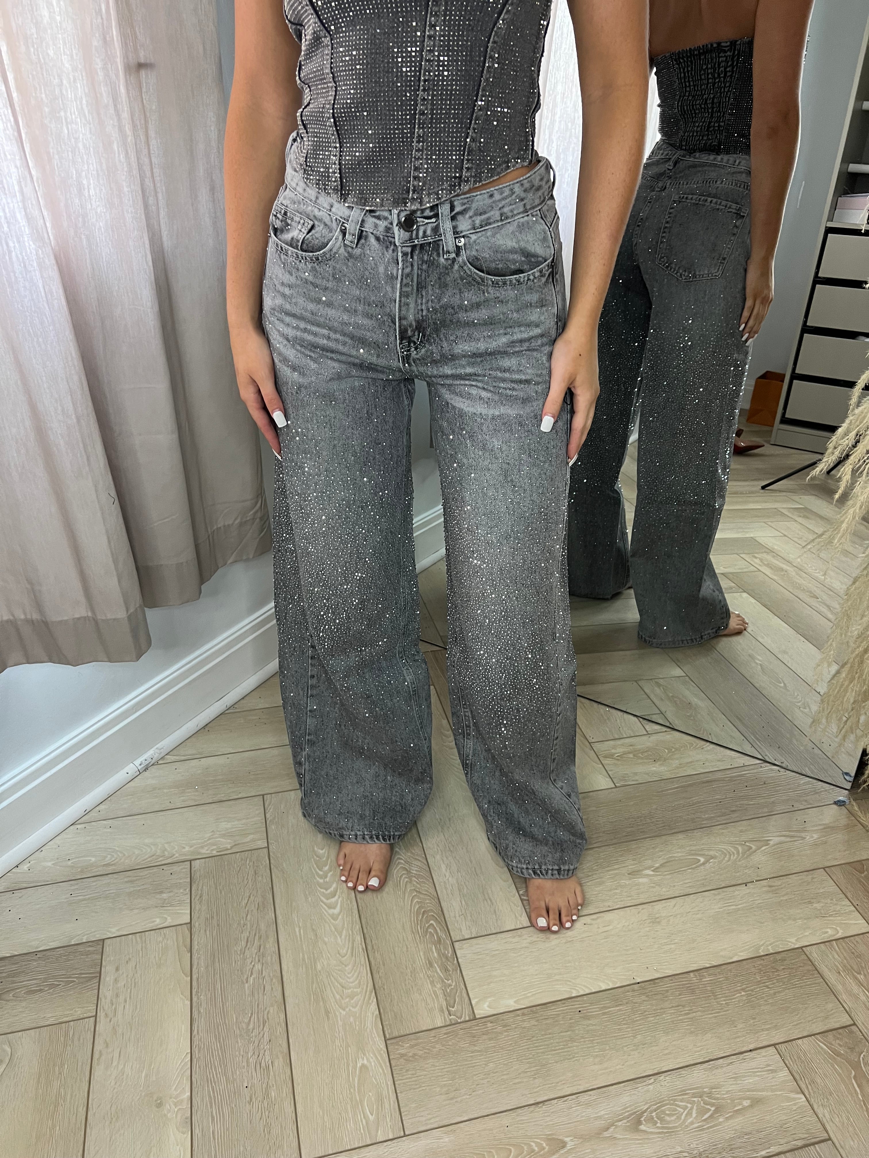 Premium Wide Leg Diamanté Denim Jeans in Storm Grey