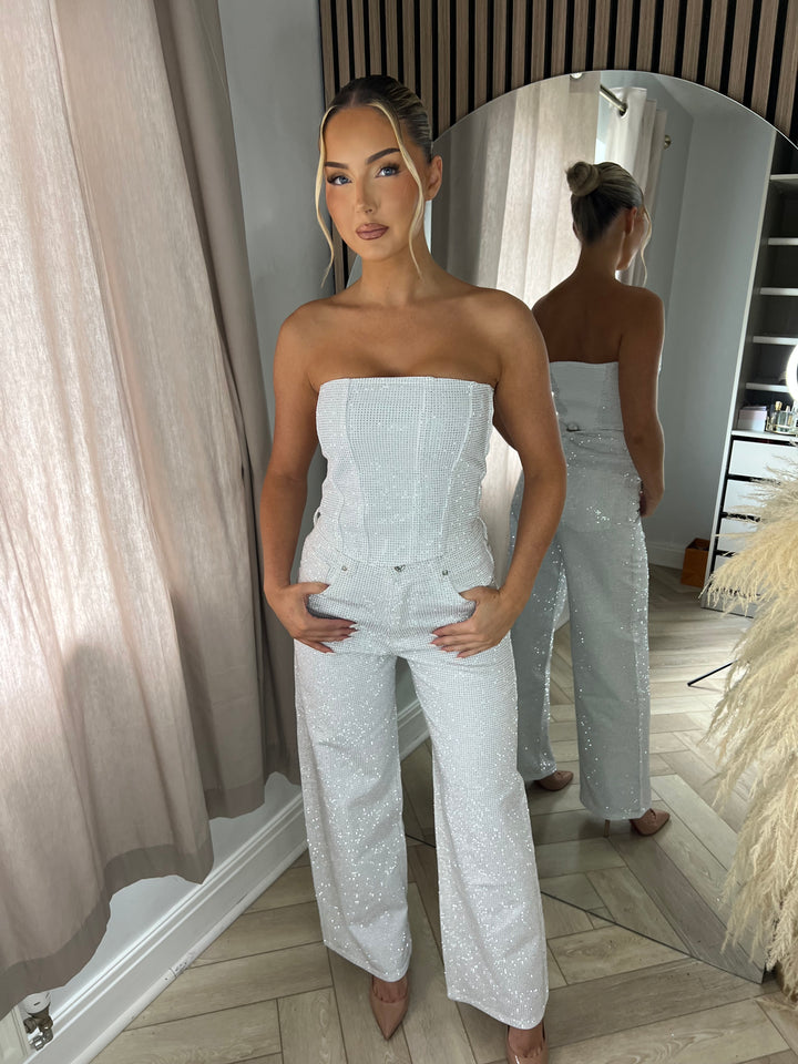 White Diamanté Strapless Top