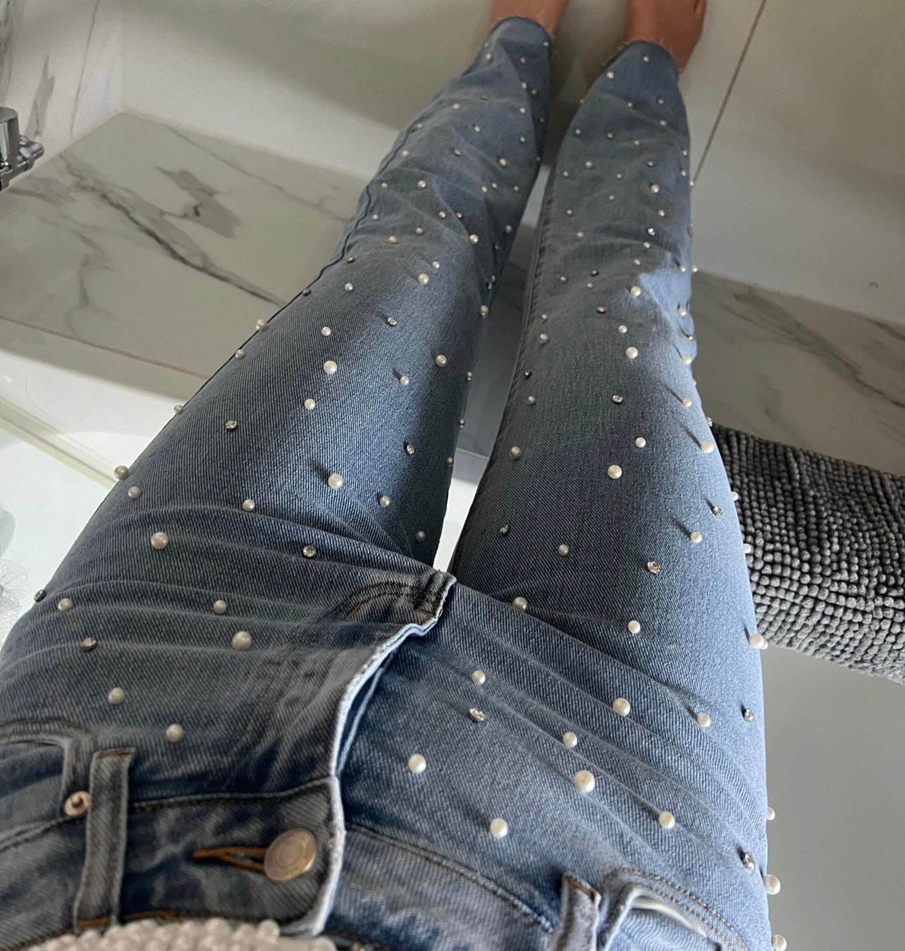 3D Pearl & Diamanté Straight Leg Jeans