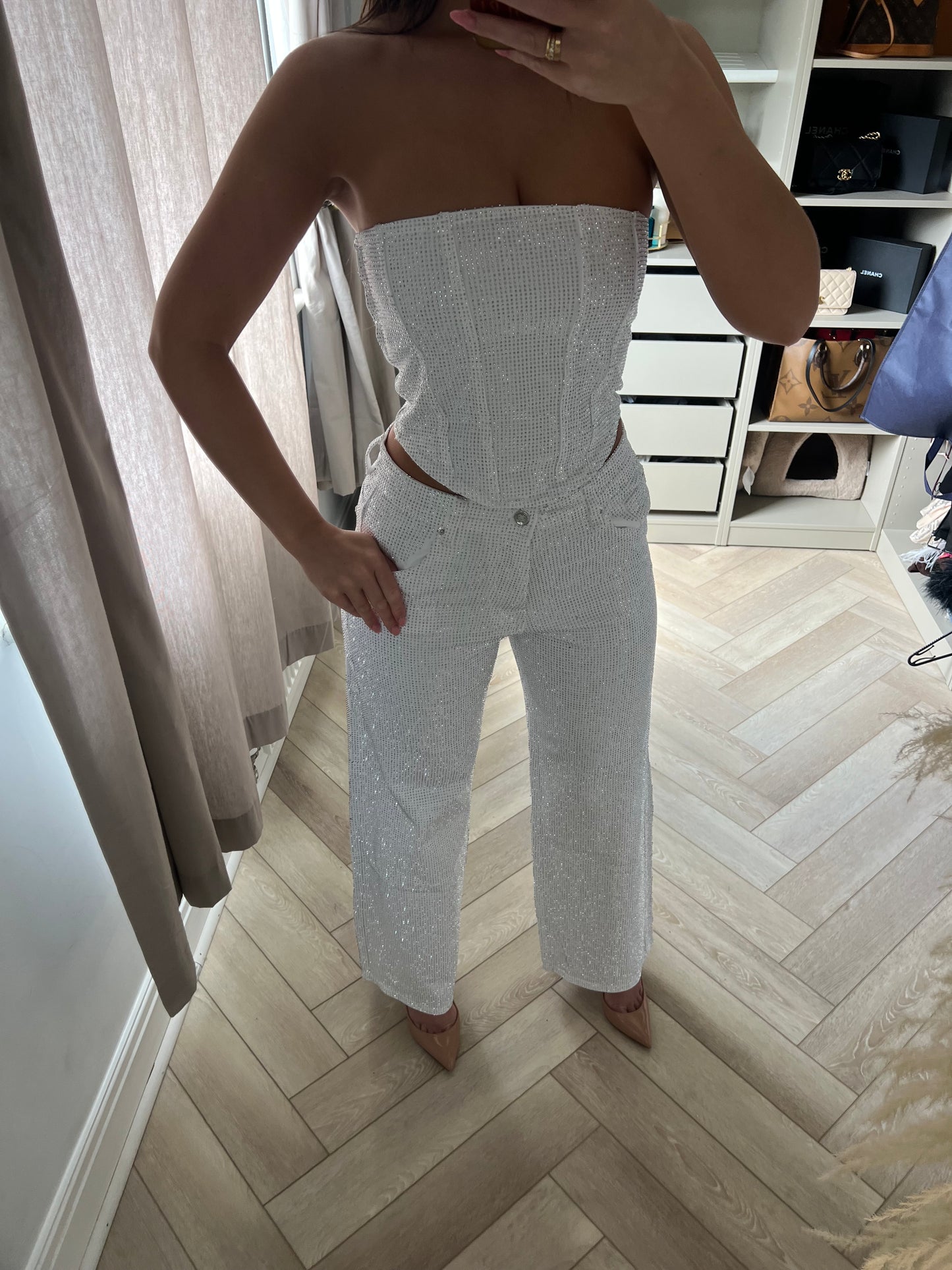 White Diamanté Mid Rise Wide Leg Jeans