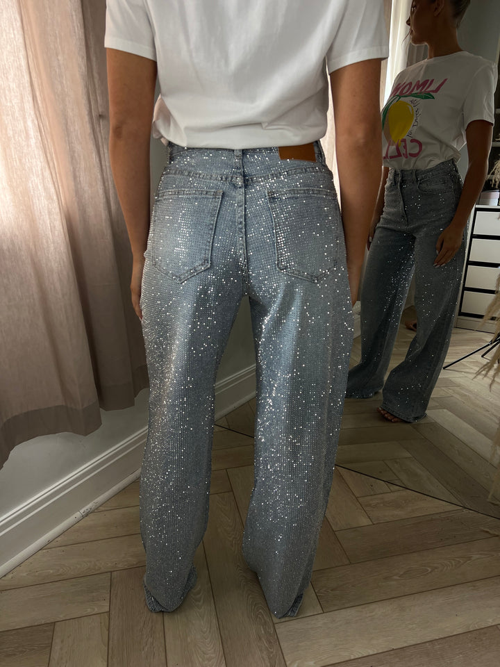 Silver Diamanté Blue Wide Leg Sparkle Covered Jeans
