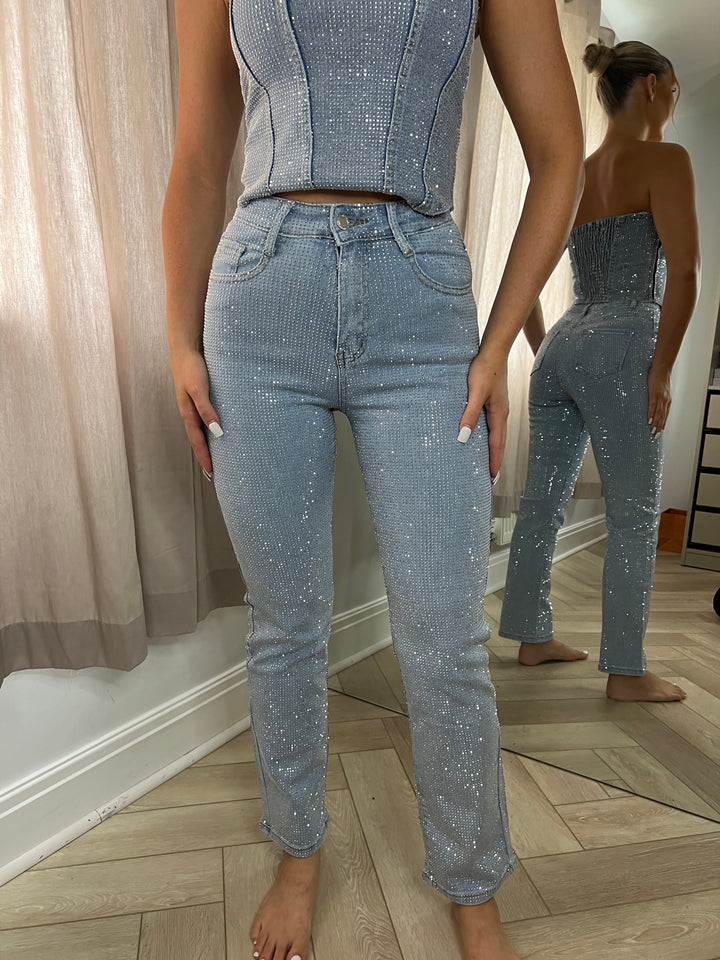 Light Blue Straight Leg Diamanté Jeans