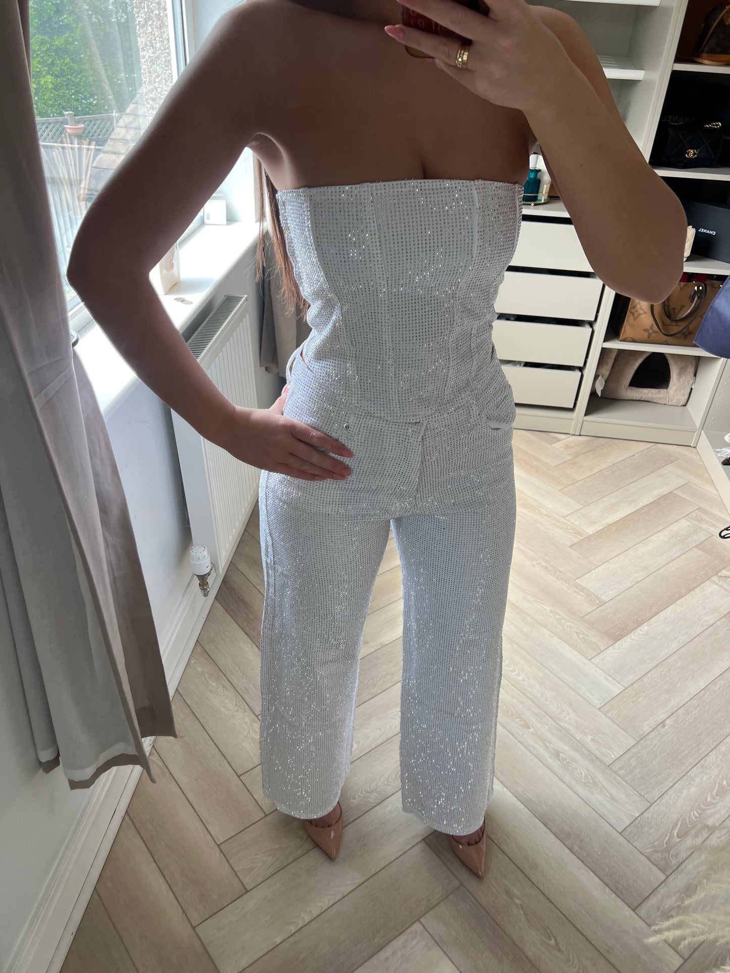 White Diamanté Mid Rise Wide Leg Jeans