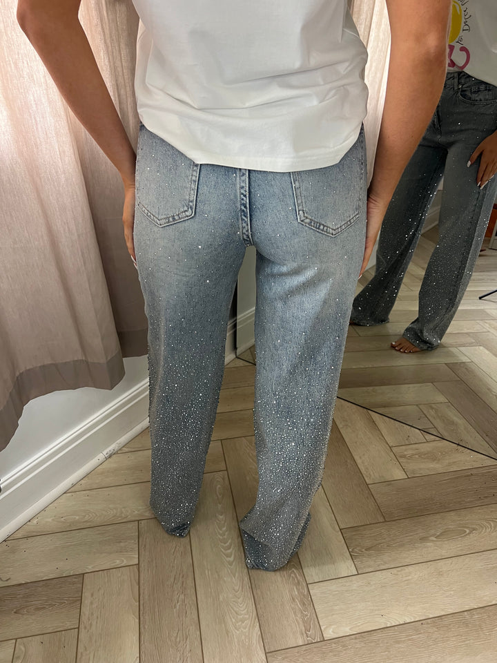Vintage Wash Ombré Diamanté Wide Leg Jeans