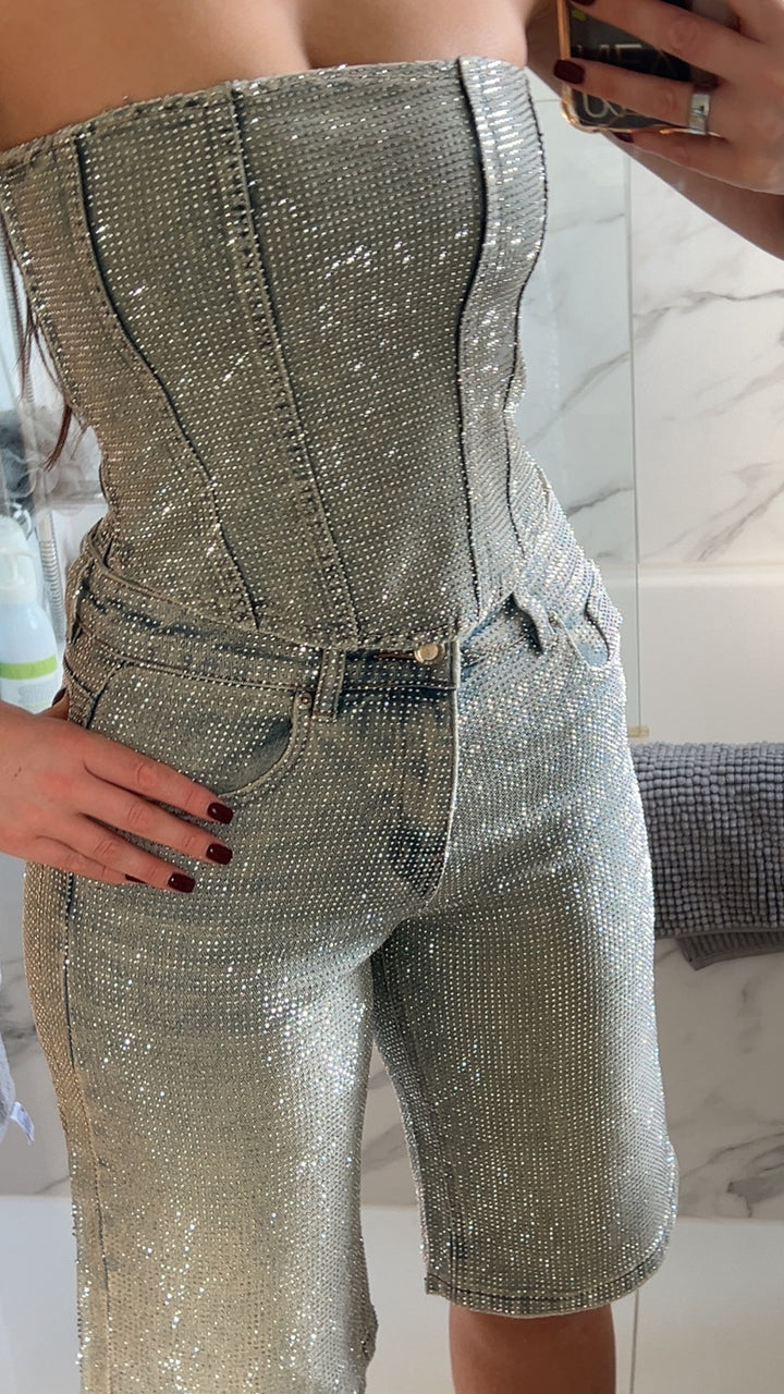 Washed Blue Denim Diamanté Top