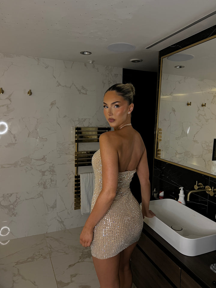 Champagne Diamanté Halter Mini Dress (First Release)