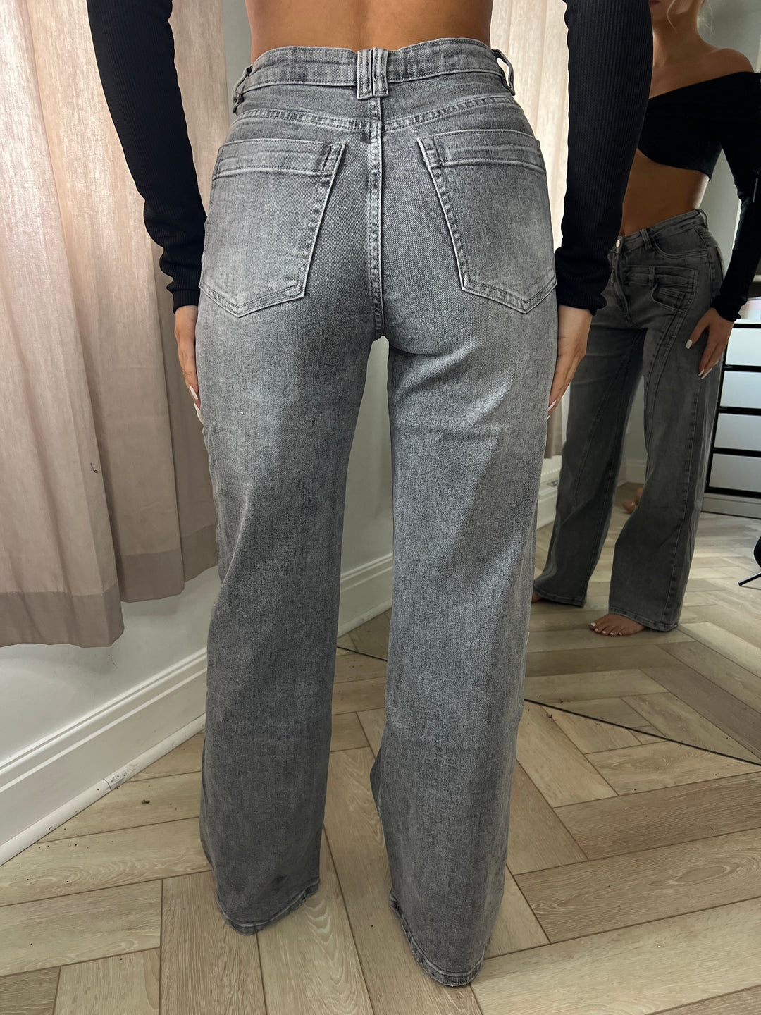 Grey Double Waistband Wide Leg Jeans