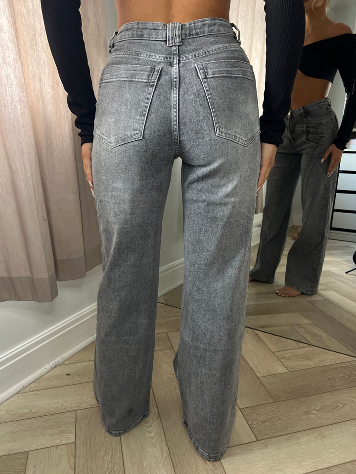 Grey Double Waistband Wide Leg Jeans