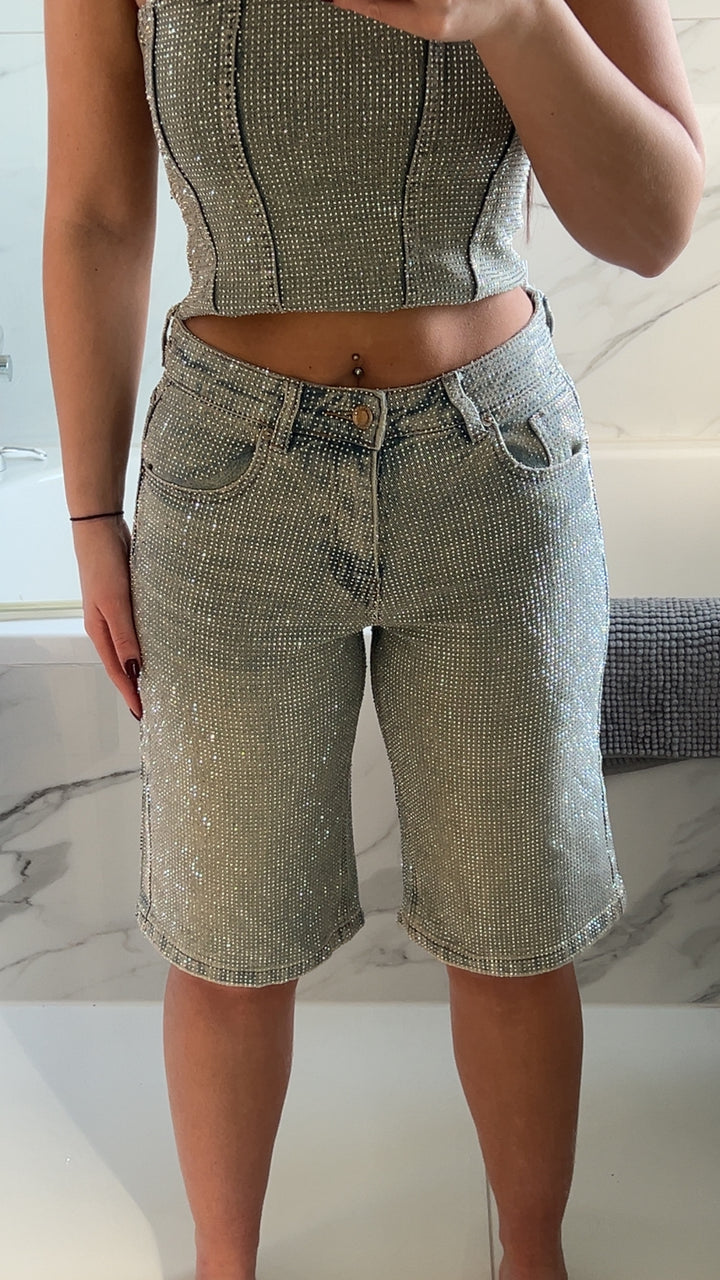 Washed Blue Denim Diamanté Jorts