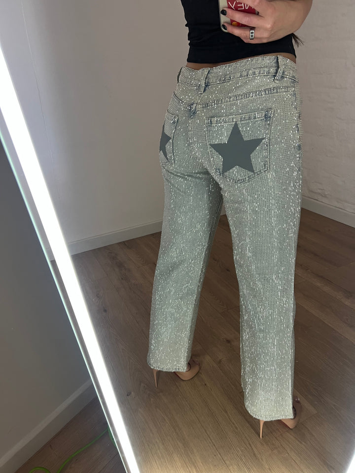 Acid Wash Diamanté Mid-Rise Star Wide Leg Jeans