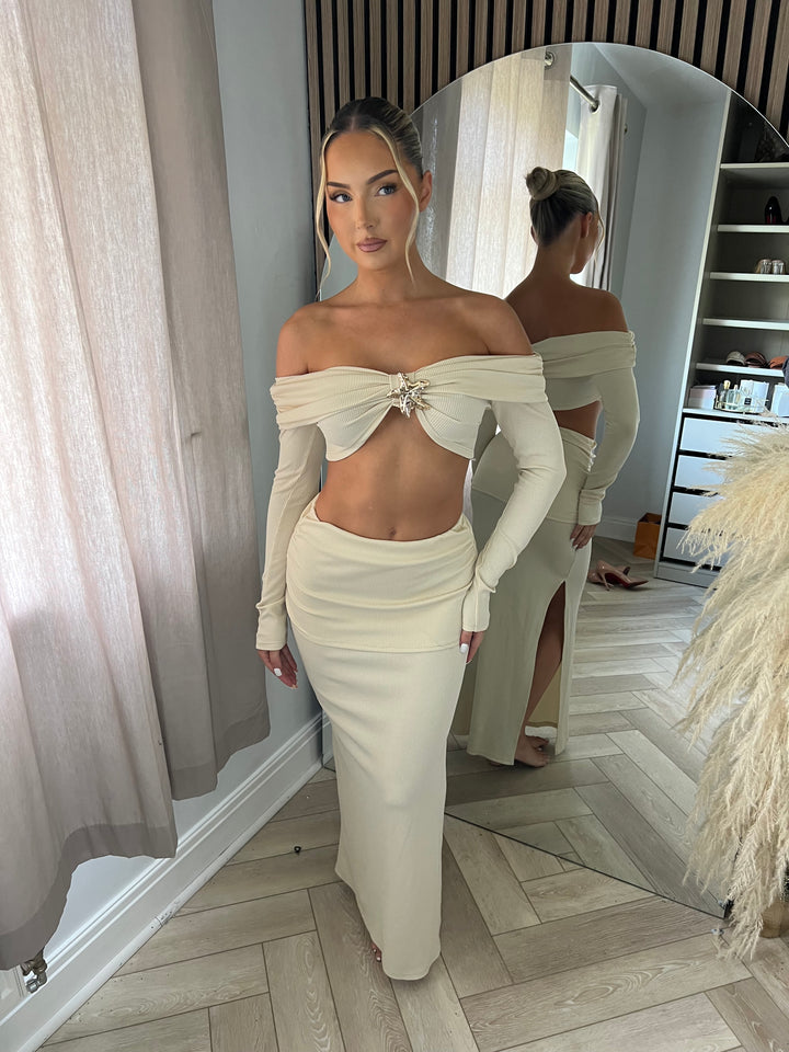 Beige Off Shoulder Maxi Set