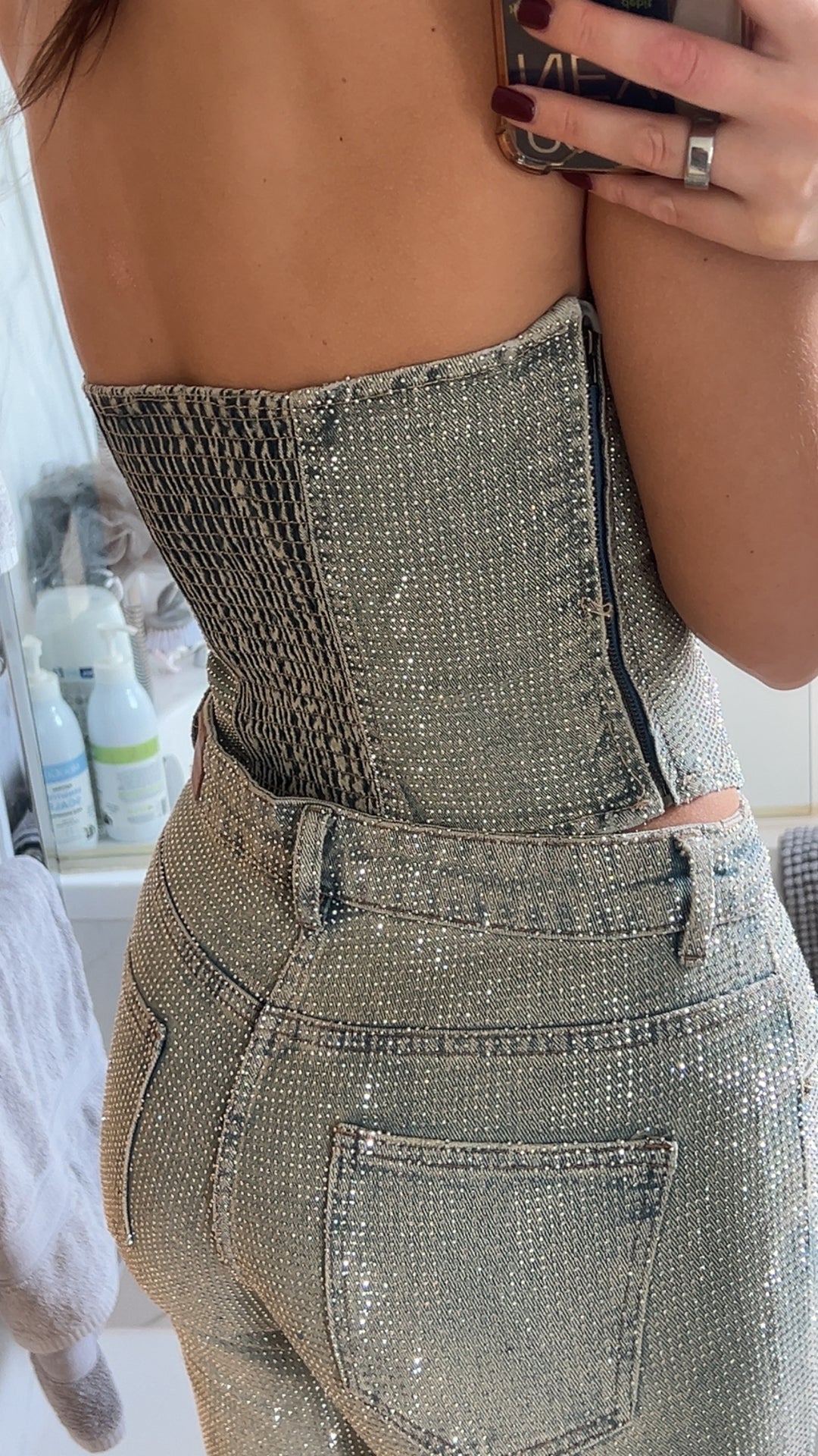 Washed Blue Denim Diamanté Top