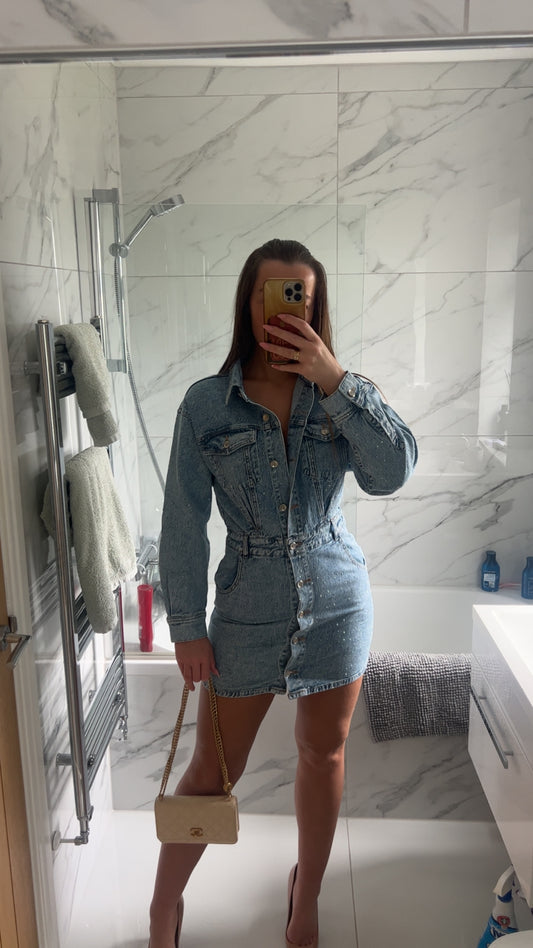 Denim Diamanté Button Dress