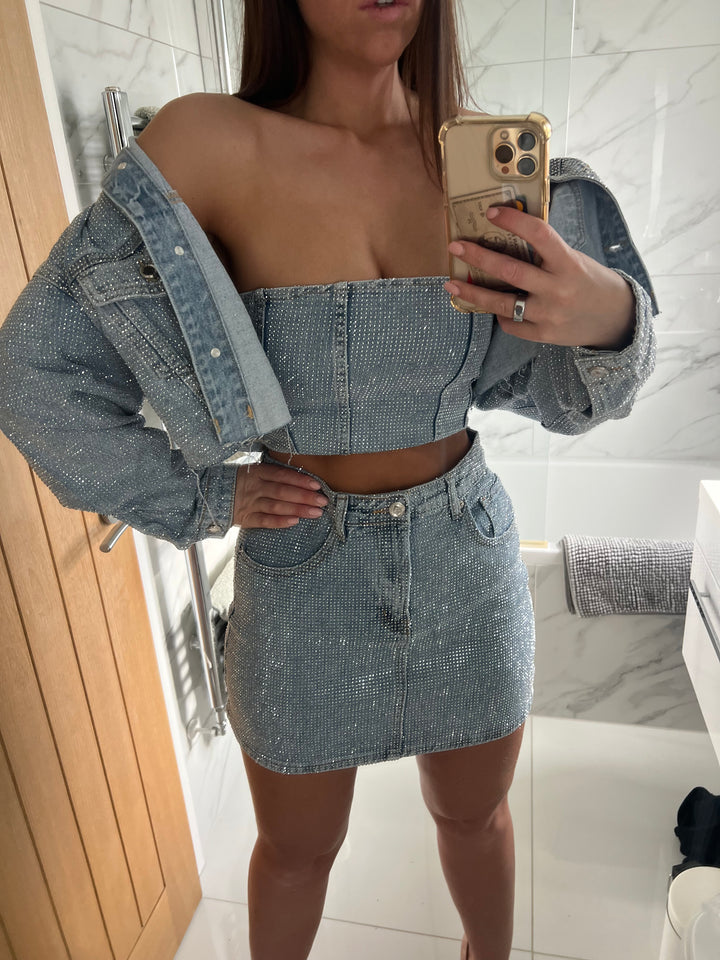 Light Blue Matching Silver Diamanté Skirt