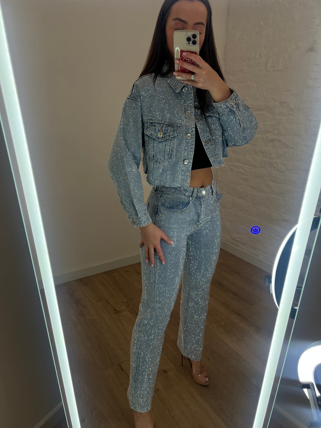 Light Blue Straight Leg Diamanté Jeans