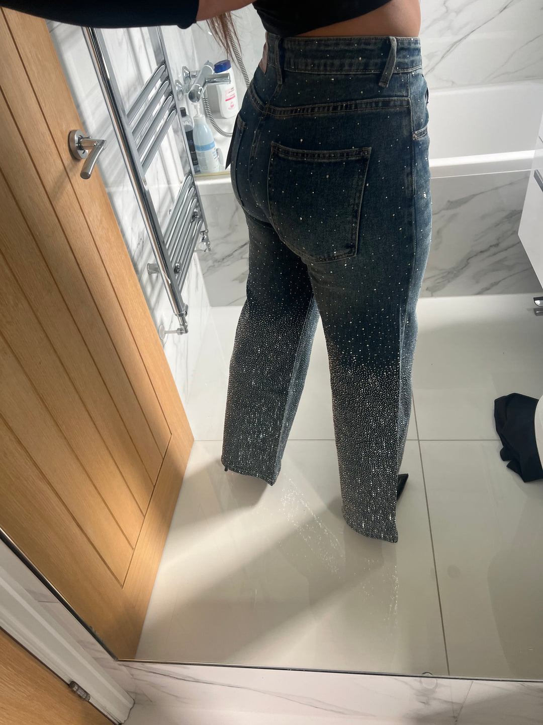 Dark Blue Plain Pocket Diamanté Ombre Jeans