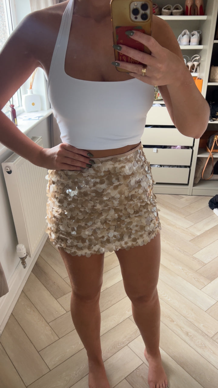 Beige Sequin Mini Skirt