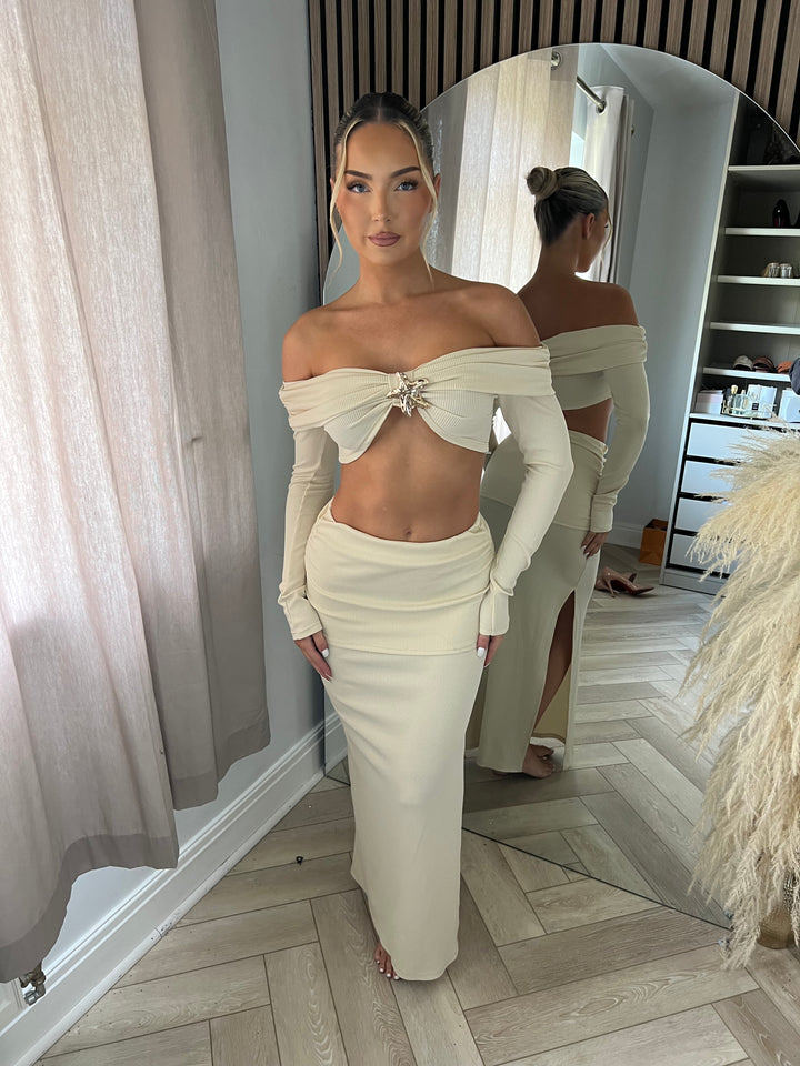 Beige Off Shoulder Maxi Set