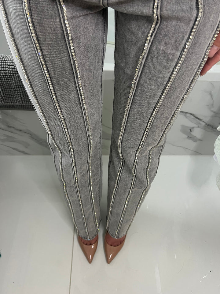 Acid Wash Grey Diamanté Detail Jeans