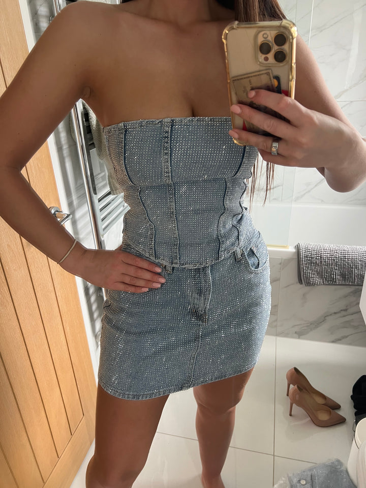 Light Blue Matching Silver Diamanté Skirt