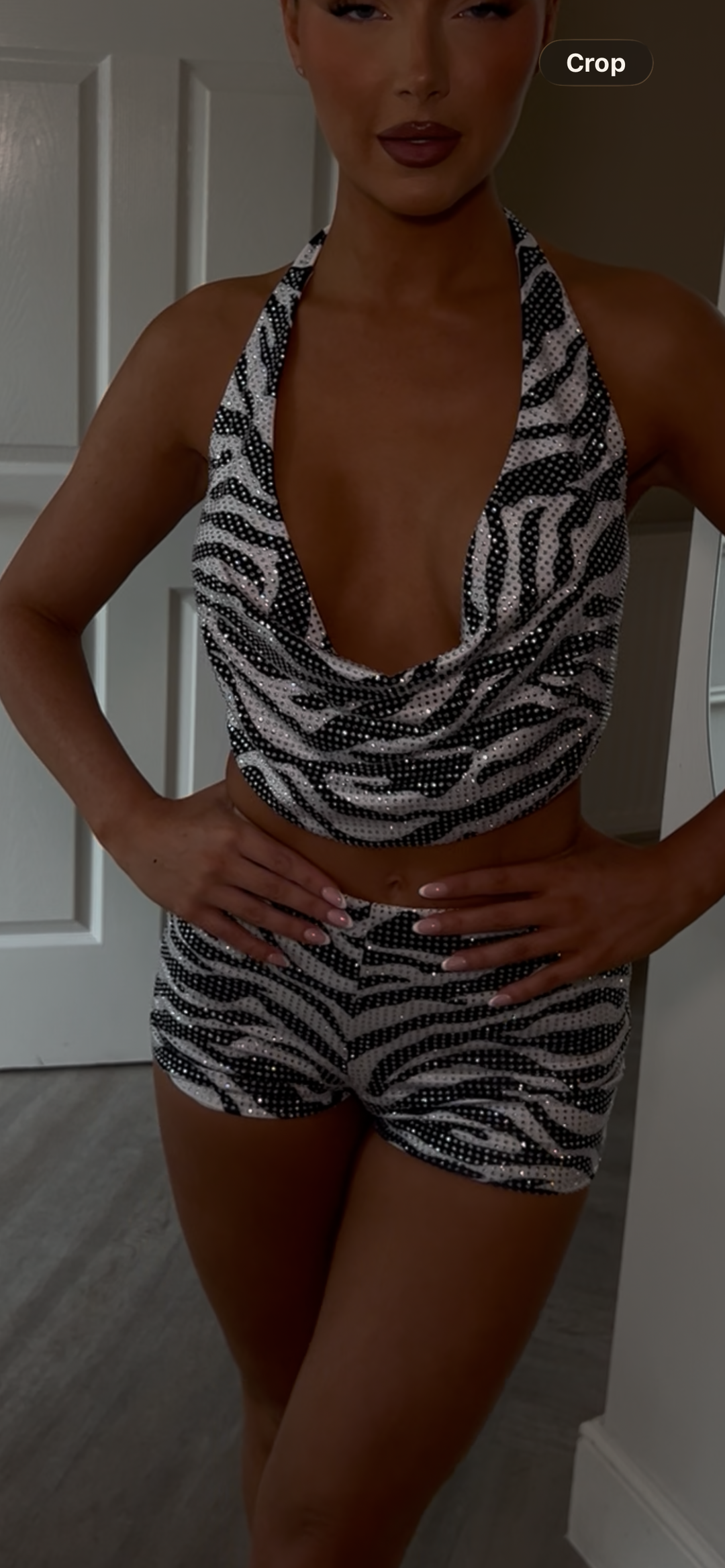 Zebra Diamanté Cowl Neck Short Set (First Release)