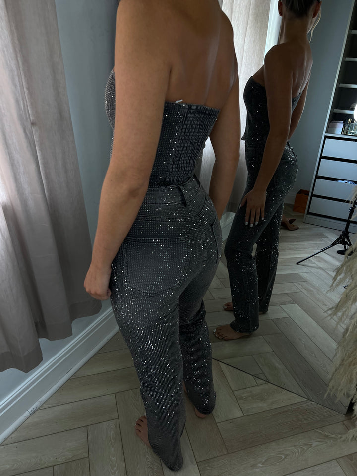 Light Grey Straight Leg Diamanté Jeans