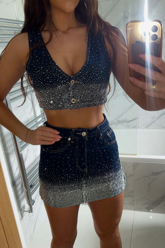 Diamanté Two Piece Cropped Mini Set