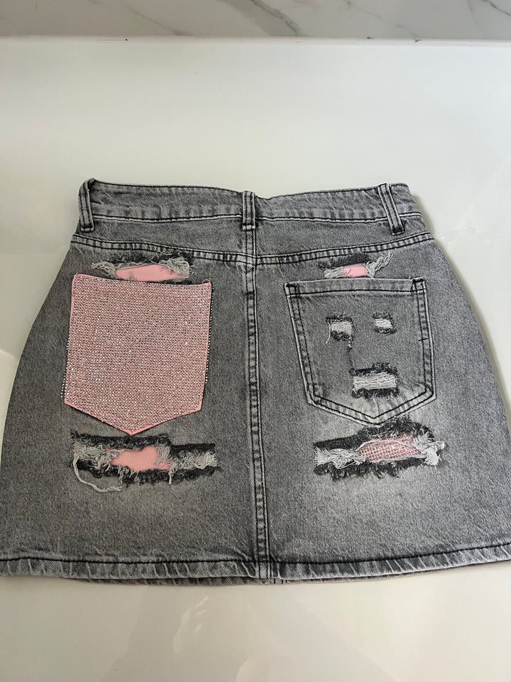 Grey Pink Diamanté Pocket Mini Skirt