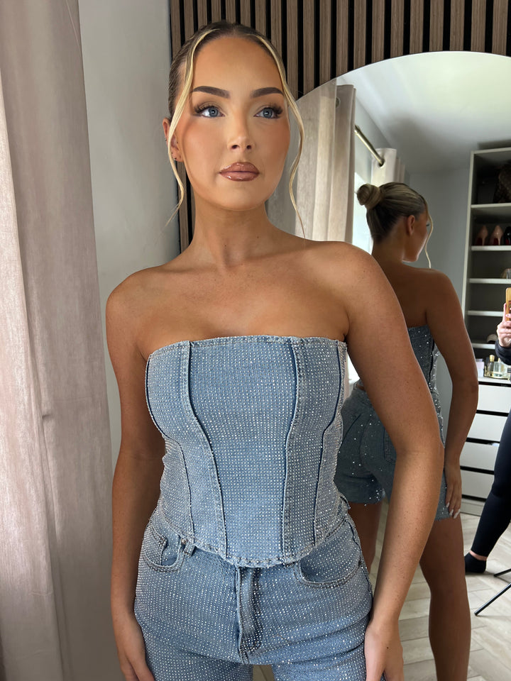 Light Blue Matching Diamanté Corset Top
