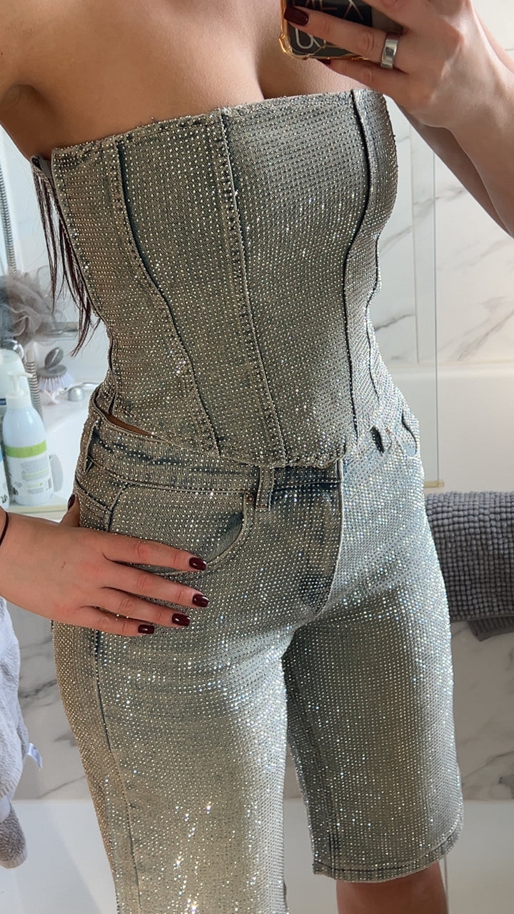Washed Blue Denim Diamanté Top