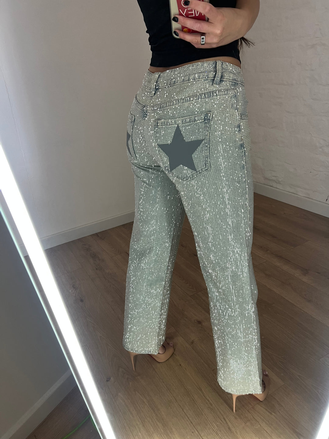 Acid Wash Diamanté Mid-Rise Star Wide Leg Jeans