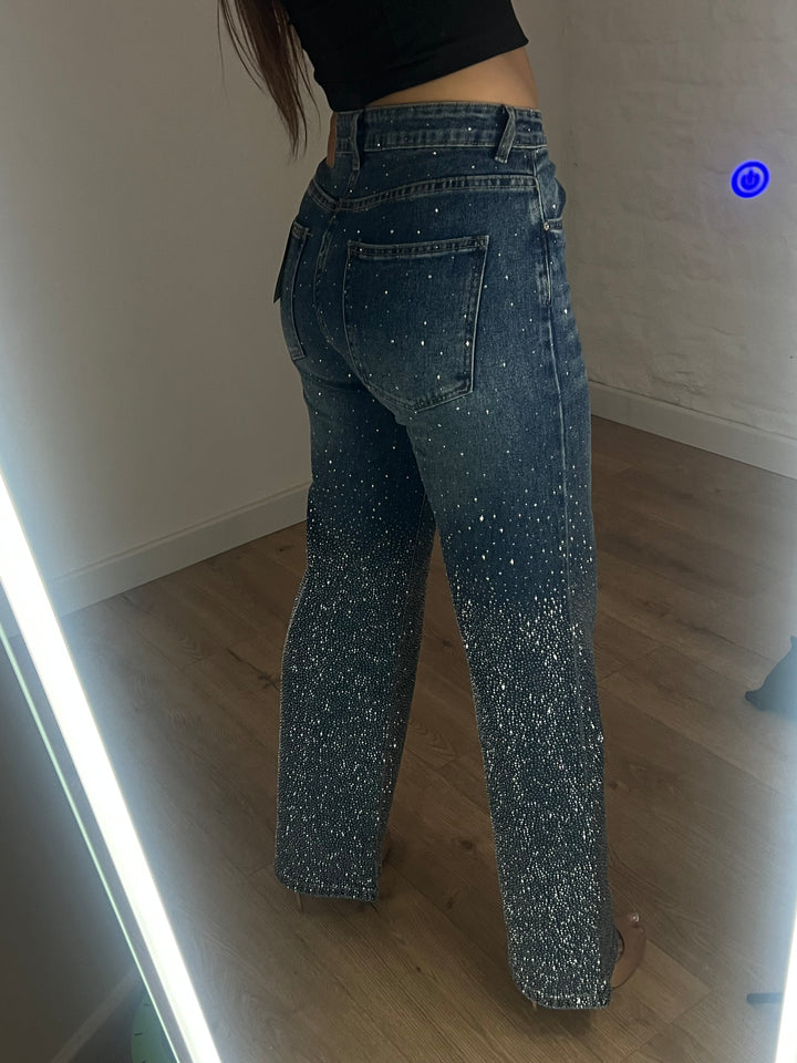 Dark Blue Plain Pocket Diamanté Ombre Jeans
