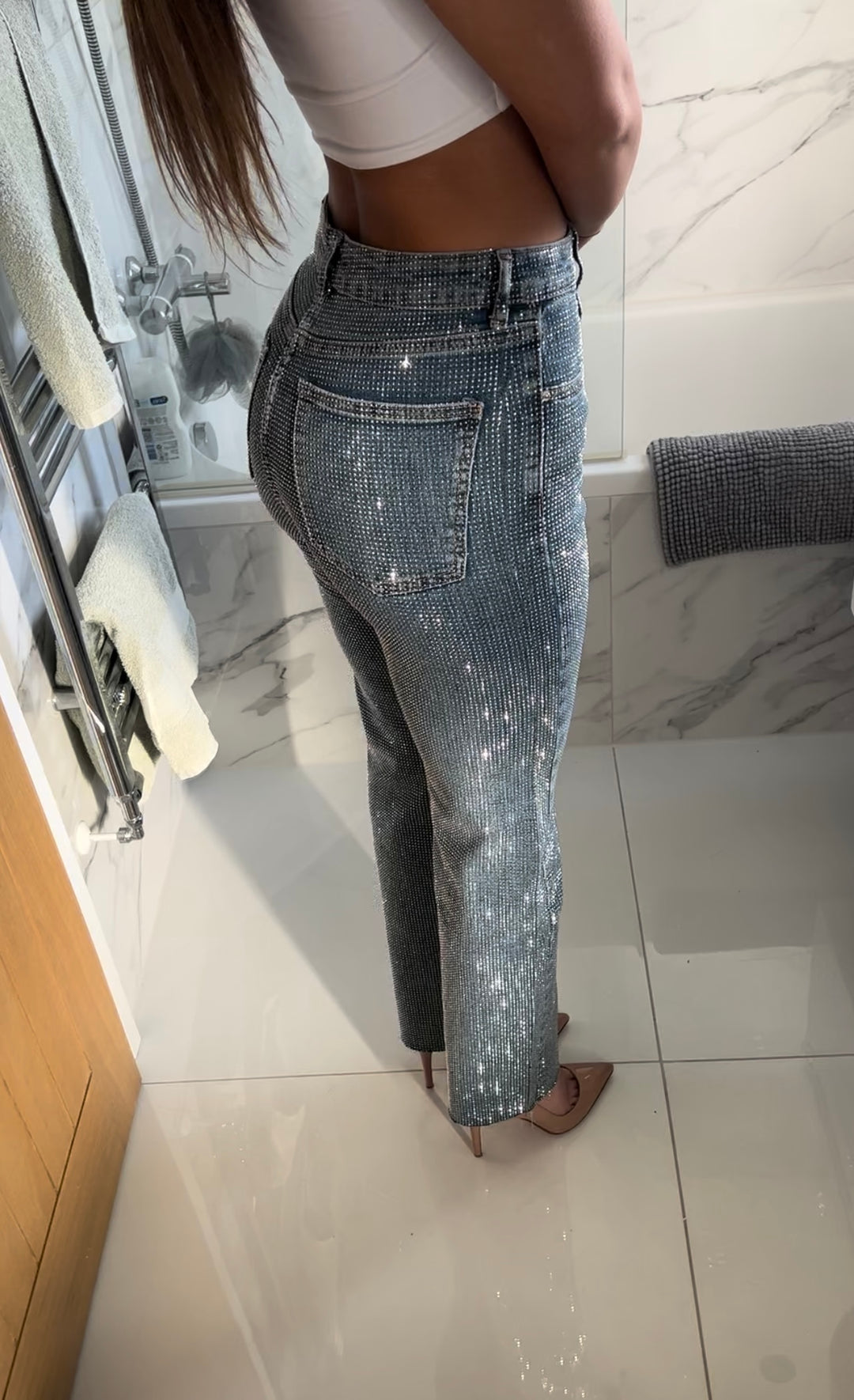 Dark Blue Straight Leg Diamanté Jeans