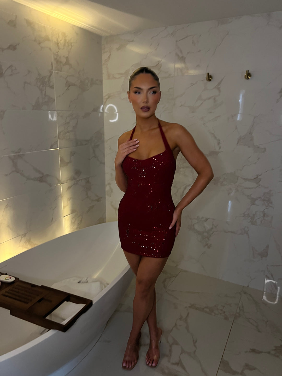 Cherry Red Diamanté Halter Mini Dress (First Release)