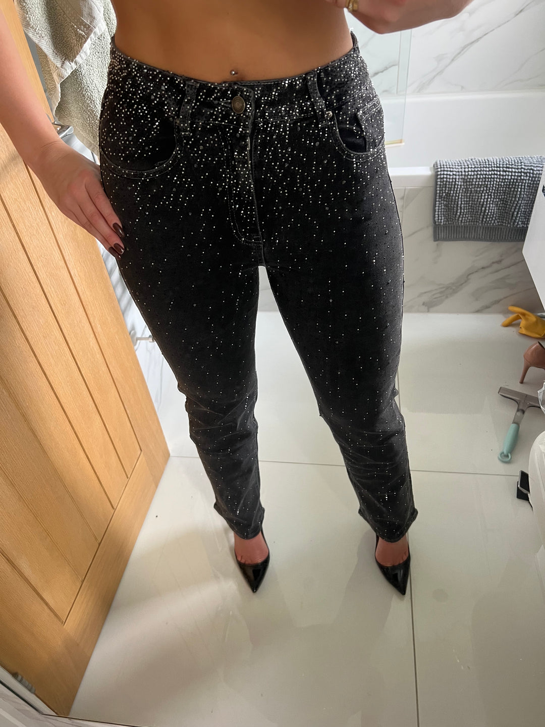 Washed Black Ombre Diamanté Straight Leg Jeans