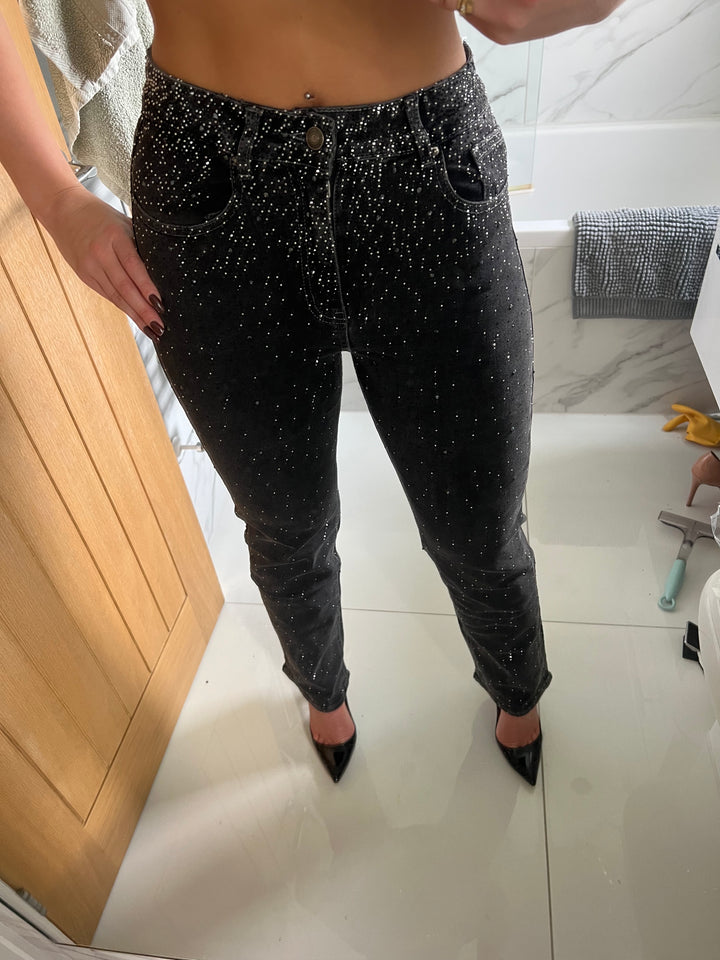Washed Black Ombre Diamanté Straight Leg Jeans