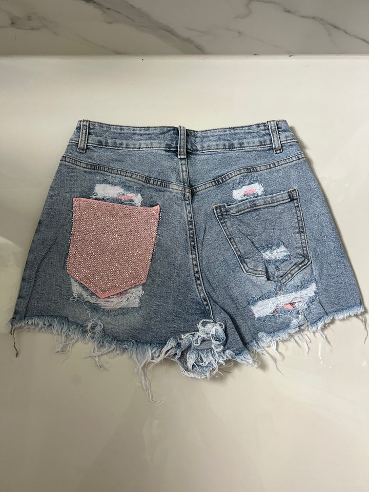 Mid Blue Pink Diamanté Pocket Shorts