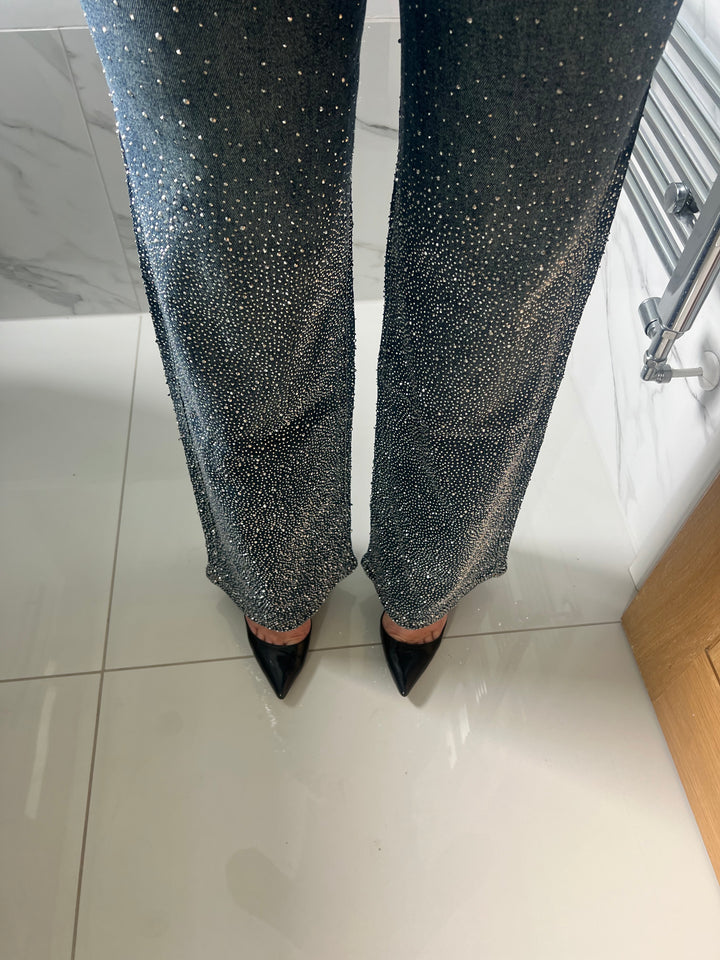 Dark Blue Plain Pocket Diamanté Ombre Jeans