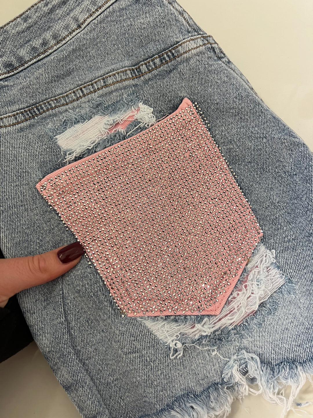 Mid Blue Pink Diamanté Pocket Shorts