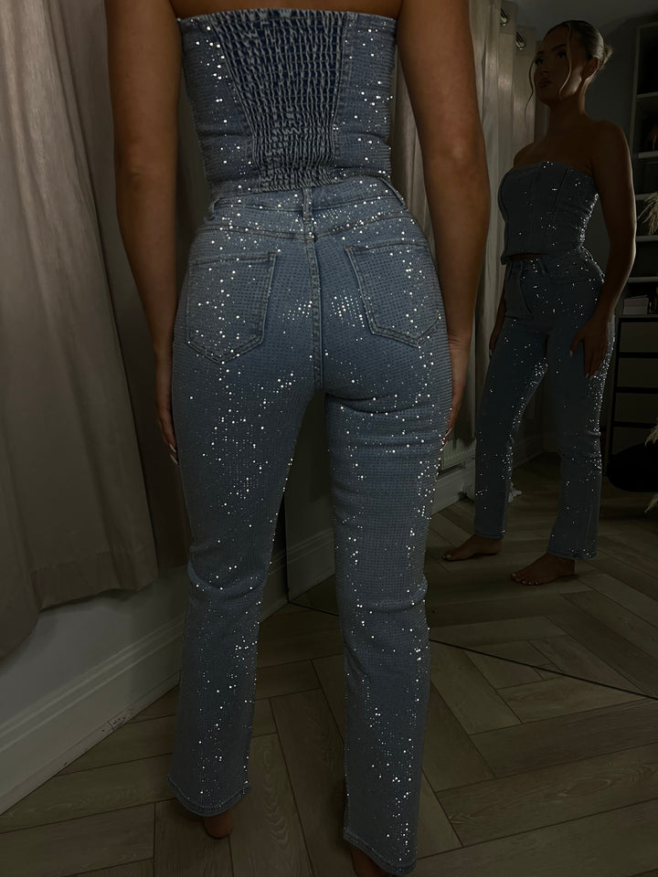 Light Blue Straight Leg Diamanté Jeans