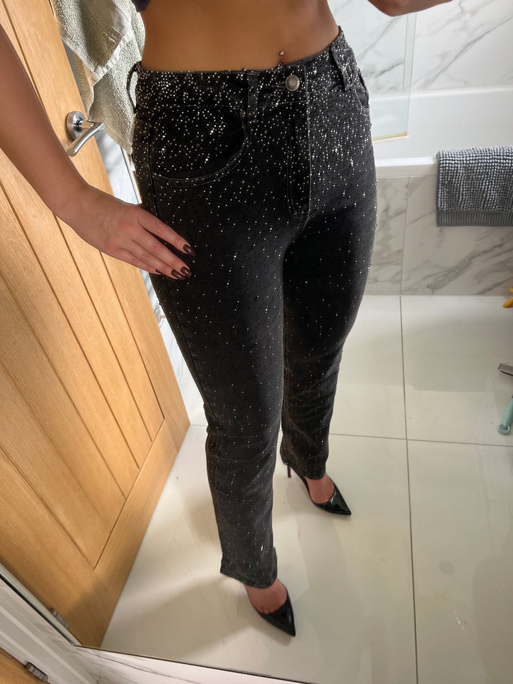 Washed Black Ombre Diamanté Straight Leg Jeans