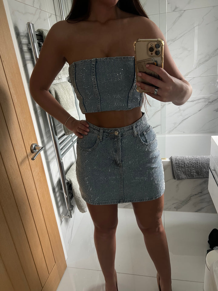 Light Blue Matching Silver Diamanté Skirt