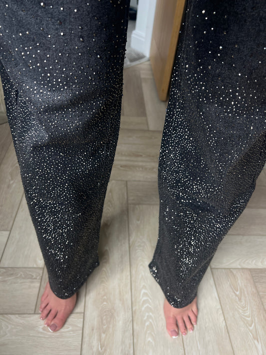 Acid Wash Black Wide Leg Ombre Diamanté Jeans