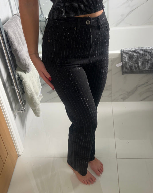 Black Striped Diamanté Jeans