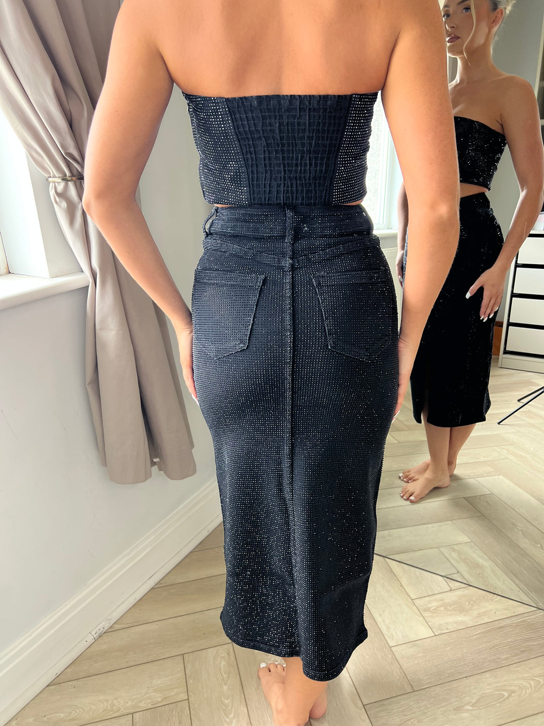 Black High Waist Diamanté Midi Skirt