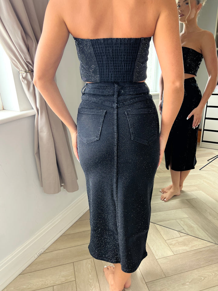 Black High Waist Diamanté Midi Skirt