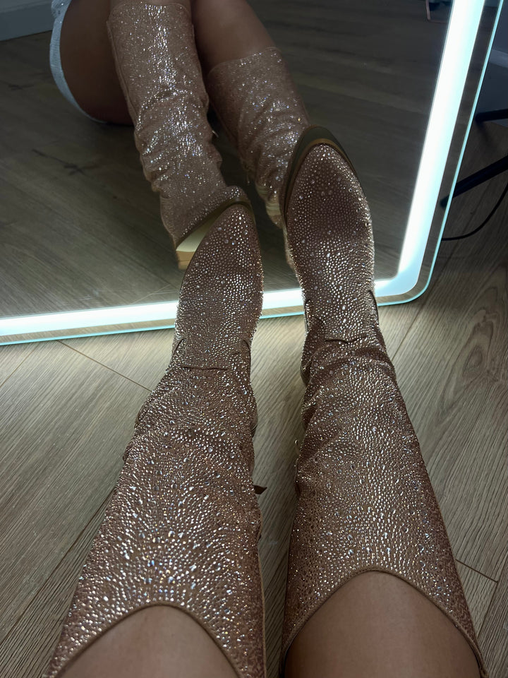 Rose Gold Diamanté Cowgirl Boots (4 WEEK PRE-ORDER)