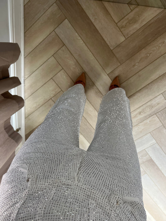 White Diamanté Mid Rise Wide Leg Jeans