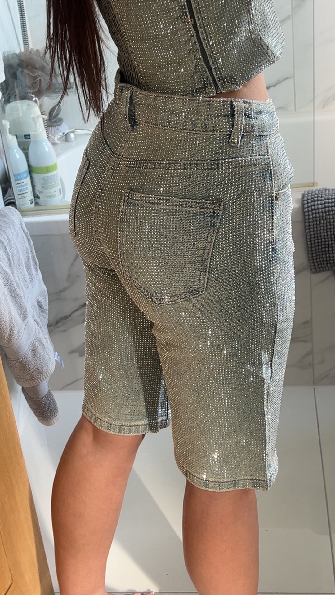 Washed Blue Denim Diamanté Jorts