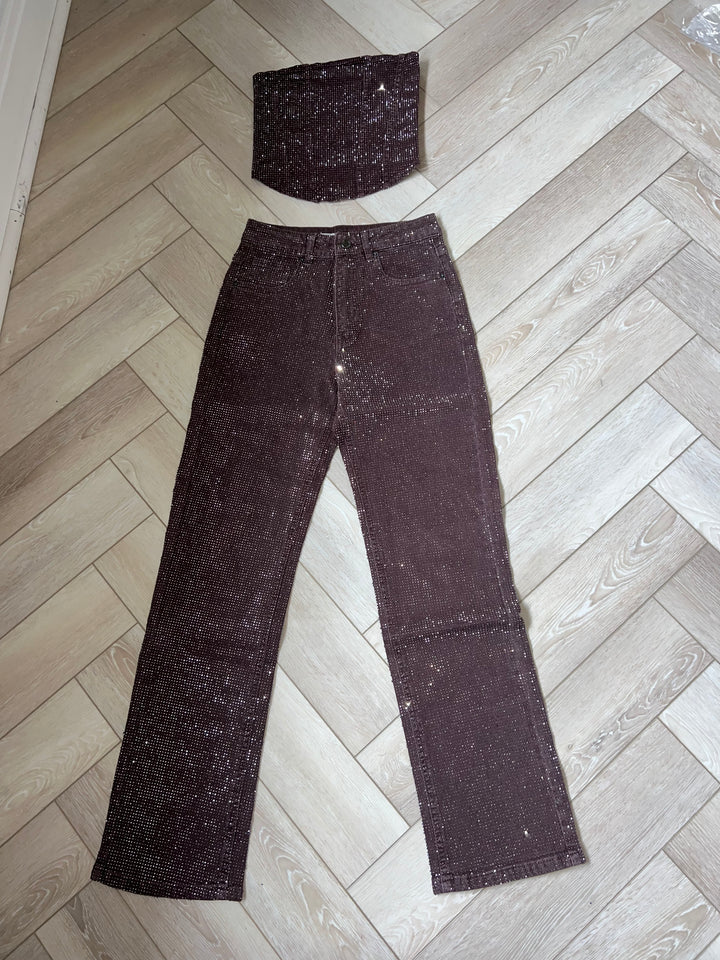 Chocolate Brown Diamanté Straight Leg Jeans